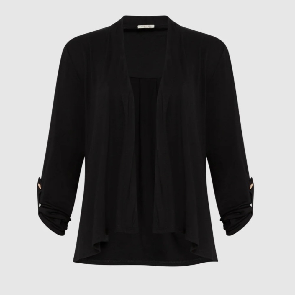Laura Button Detail Cascade Detail Open Front Cardigan Sweater Black